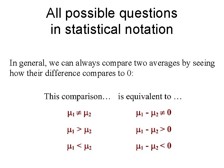 All possible questions in statistical notation In general, we can always compare two averages