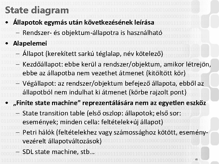 State diagram • Állapotok egymás után következésének leírása – Rendszer- és objektum-állapotra is használható