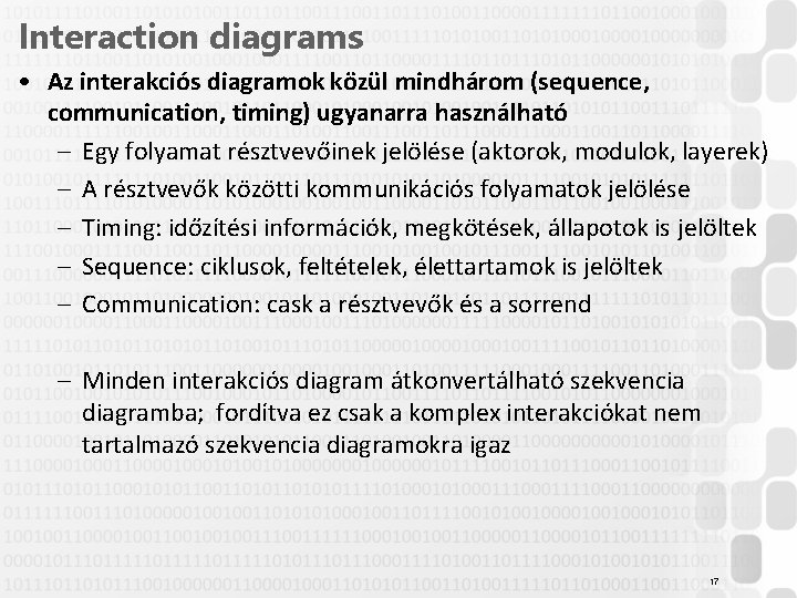 Interaction diagrams • Az interakciós diagramok közül mindhárom (sequence, communication, timing) ugyanarra használható –