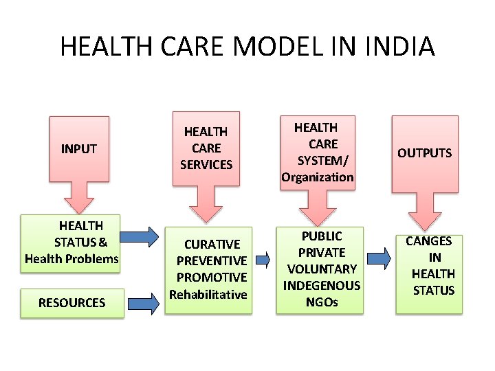 HEALTH CARE MODEL IN INDIA INPUT HEALTH STATUS & Health Problems RESOURCES HEALTH CARE