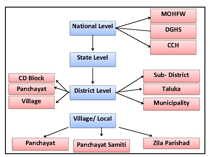 MOHFW National Level DGHS CCH State Level Sub- District CD Block Panchayat District Level