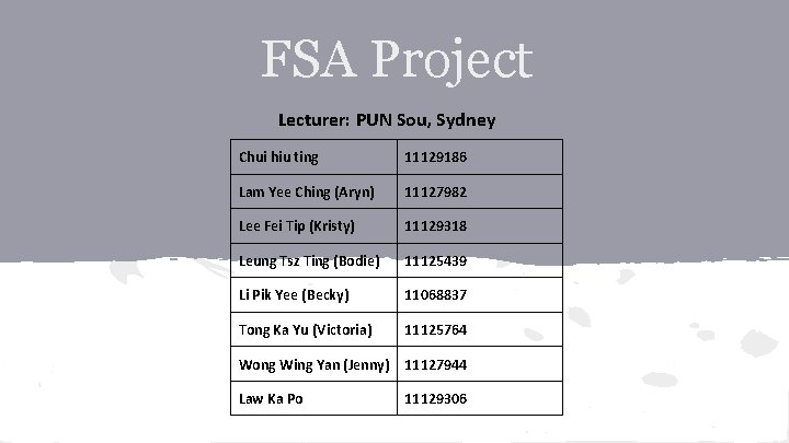 FSA Project Lecturer: PUN Sou, Sydney Chui hiu ting 11129186 Lam Yee Ching (Aryn)