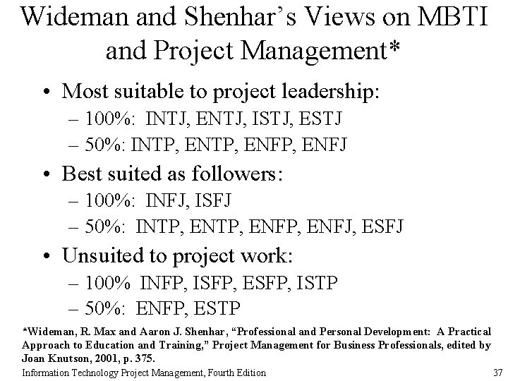 Wideman and Shenhar’s Views on MBTI and Project Management* • Most suitable to project