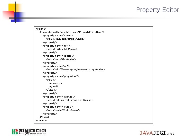 Property Editor <beans> <bean id="built. In. Sample" class="Property. Editor. Bean"> <property name="class"> <value>java. lang.