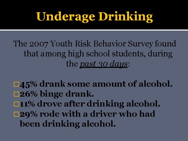 Underage Drinking The 2007 Youth Risk Behavior Survey found that among high school students,