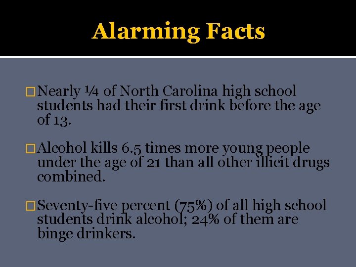 Alarming Facts �Nearly ¼ of North Carolina high school students had their first drink