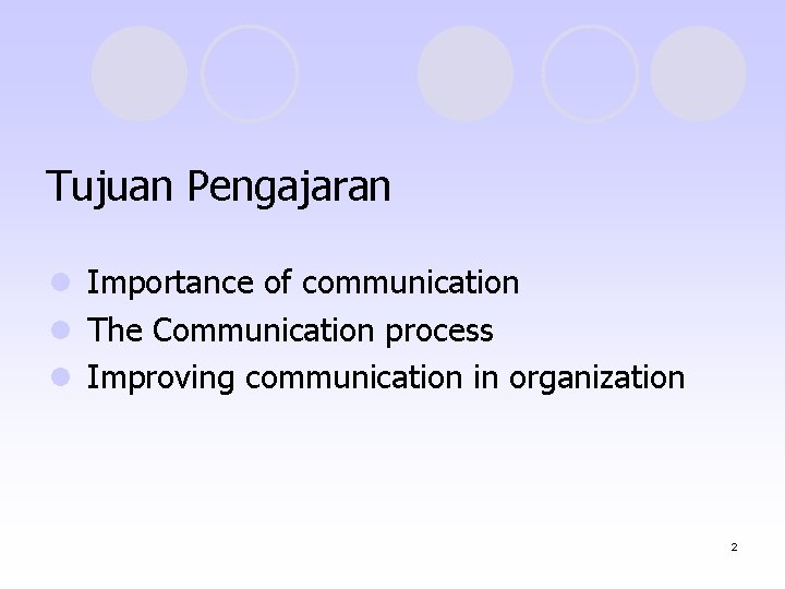 Tujuan Pengajaran l Importance of communication l The Communication process l Improving communication in