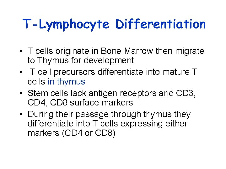 T-Lymphocyte Differentiation • T cells originate in Bone Marrow then migrate to Thymus for