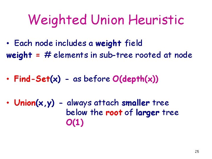 Weighted Union Heuristic • Each node includes a weight field weight = # elements