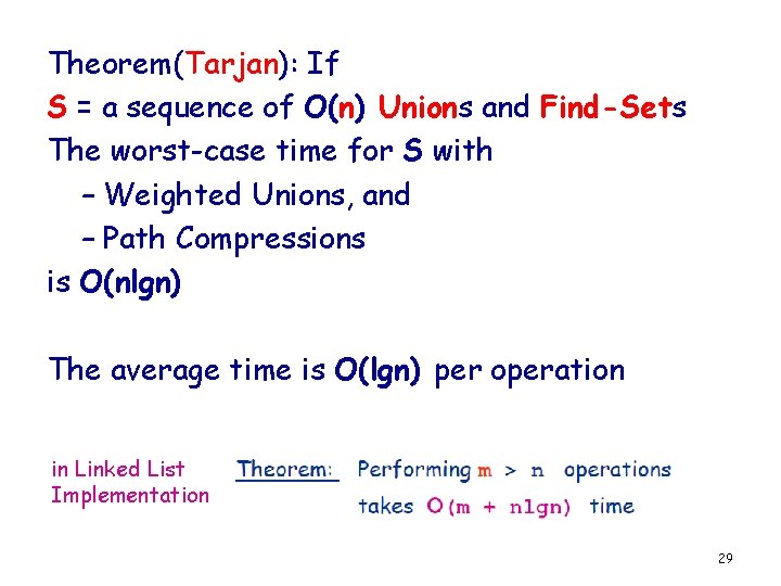 Theorem(Tarjan): If S = a sequence of O(n) Unions and Find-Sets The worst-case time