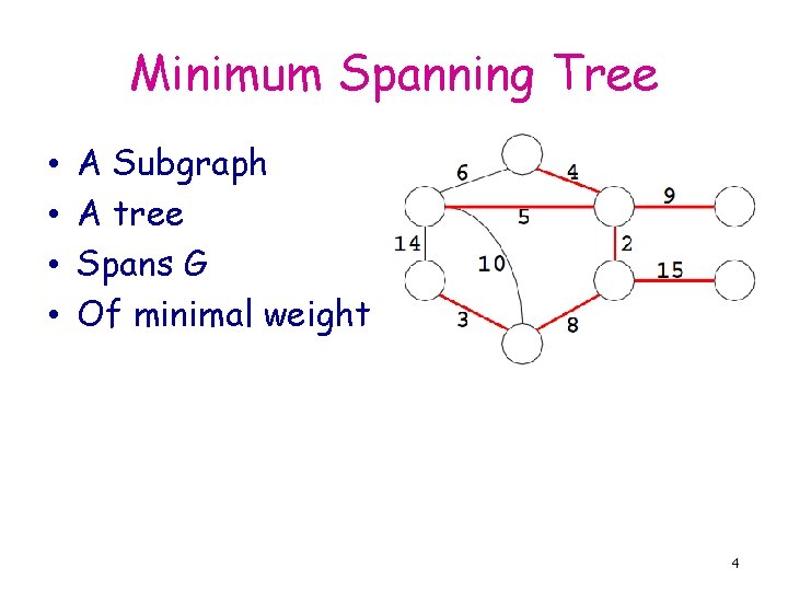 Minimum Spanning Tree • • A Subgraph A tree Spans G Of minimal weight