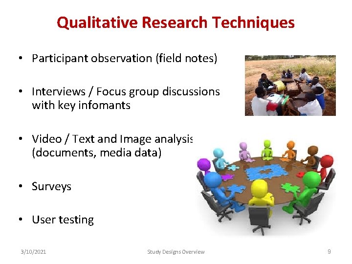 Qualitative Research Techniques • Participant observation (field notes) • Interviews / Focus group discussions Qualitative Research Techniques • Participant observation (field notes) • Interviews / Focus group discussions