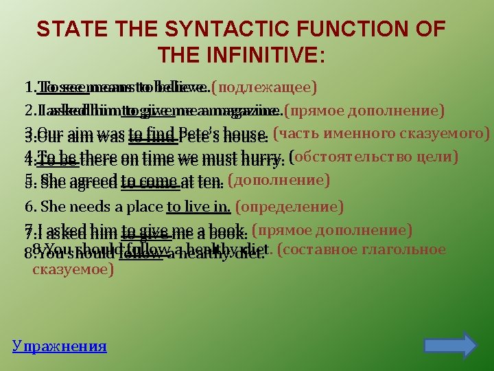 STATE THE SYNTACTIC FUNCTION OF THE INFINITIVE: 1. Tosee seemeansto tobelieve. (подлежащее) 1 To