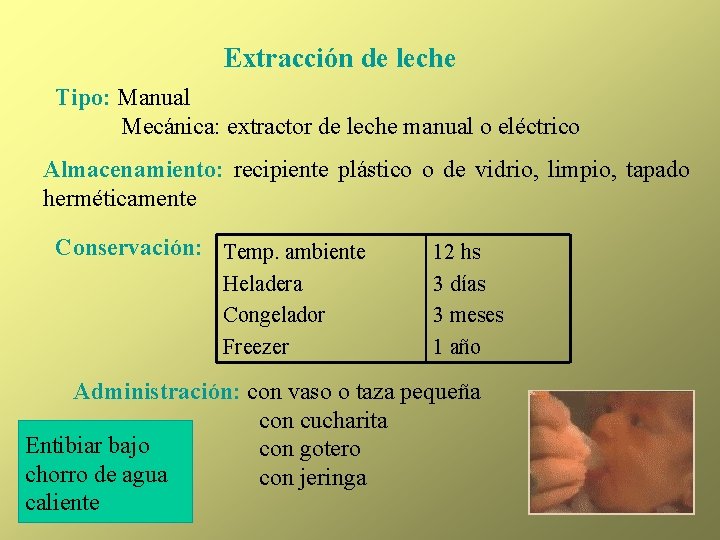 Extracción de leche Tipo: Manual Mecánica: extractor de leche manual o eléctrico Almacenamiento: recipiente