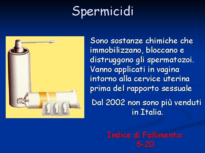 Spermicidi Sono sostanze chimiche immobilizzano, bloccano e distruggono gli spermatozoi. Vanno applicati in vagina
