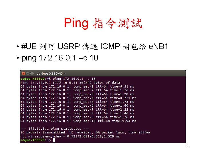Ping 指令測試 • #UE 利用 USRP 傳送 ICMP 封包給 e. NB 1 • ping Ping 指令測試 • #UE 利用 USRP 傳送 ICMP 封包給 e. NB 1 • ping