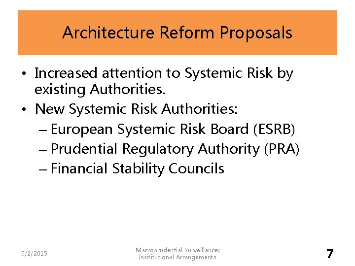 Architecture Reform Proposals • Increased attention to Systemic Risk by existing Authorities. • New