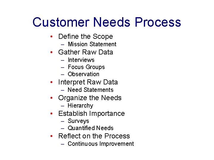 Customer Needs Process • Define the Scope – Mission Statement • Gather Raw Data