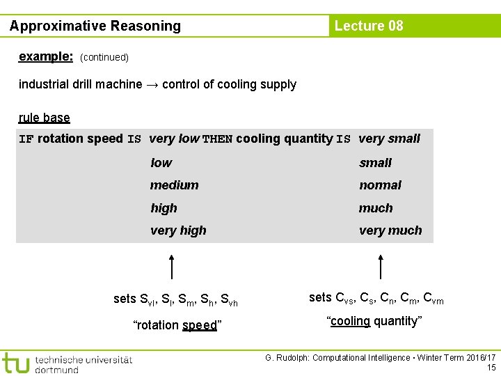 Approximative Reasoning example: Lecture 08 (continued) industrial drill machine → control of cooling supply