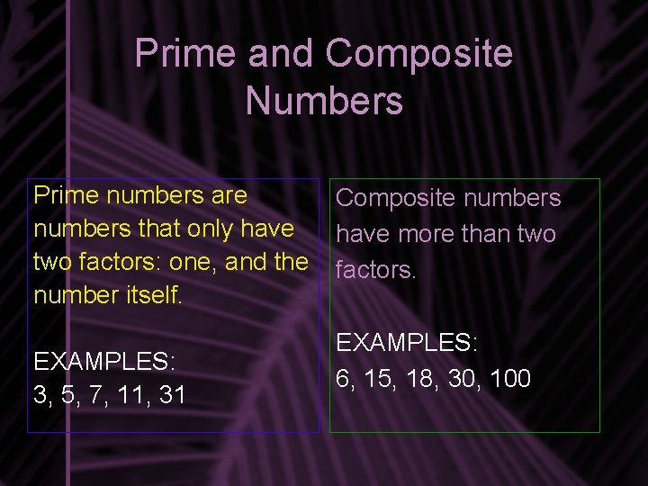 Prime and Composite Numbers Prime numbers are numbers that only have two factors: one,