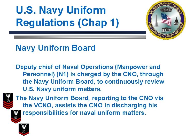 U. S. Navy Uniform Regulations (Chap 1) Navy Uniform Board Deputy chief of Naval