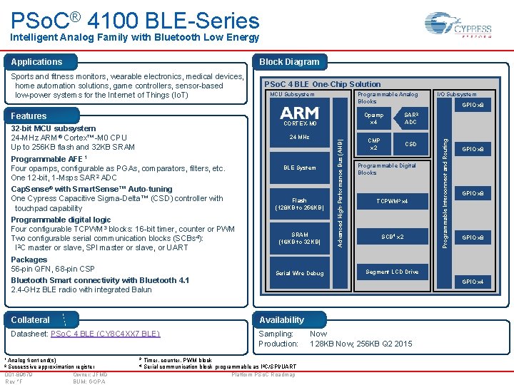PSo. C® 4100 BLE-Series Intelligent Analog Family with Bluetooth Low Energy Block Diagram Features PSo. C® 4100 BLE-Series Intelligent Analog Family with Bluetooth Low Energy Block Diagram Features