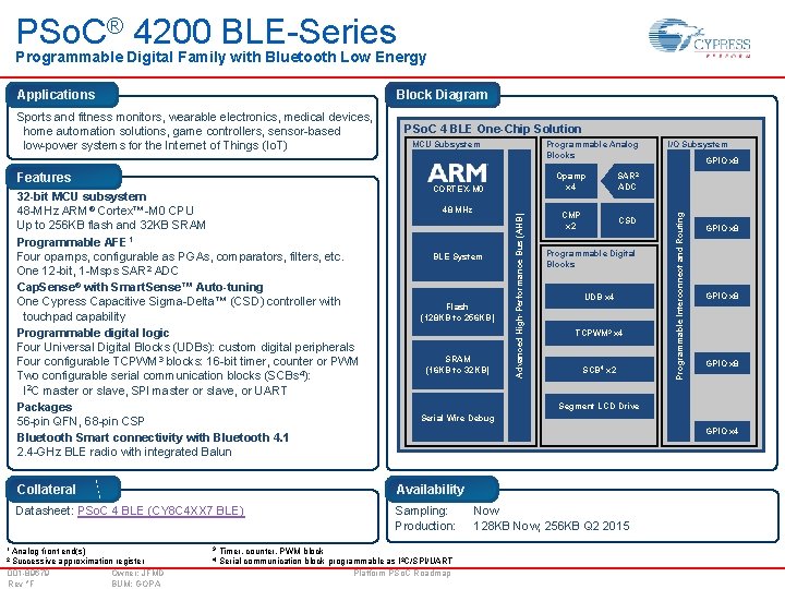 PSo. C® 4200 BLE-Series Programmable Digital Family with Bluetooth Low Energy Block Diagram Features PSo. C® 4200 BLE-Series Programmable Digital Family with Bluetooth Low Energy Block Diagram Features
