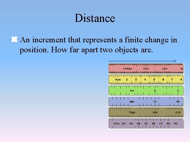 Distance An increment that represents a finite change in position. How far apart two Distance An increment that represents a finite change in position. How far apart two