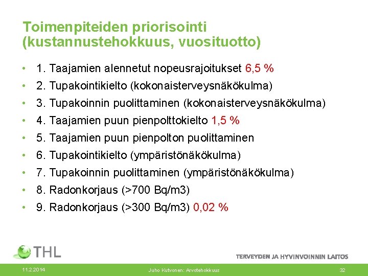 Toimenpiteiden priorisointi (kustannustehokkuus, vuosituotto) • 1. Taajamien alennetut nopeusrajoitukset 6, 5 % • 2.