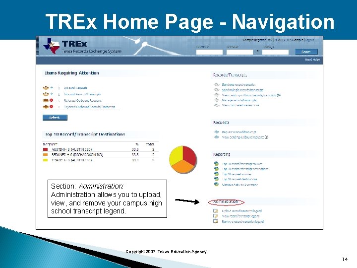 TREx Home Page - Navigation Section: Administration allows you to upload, view, and remove