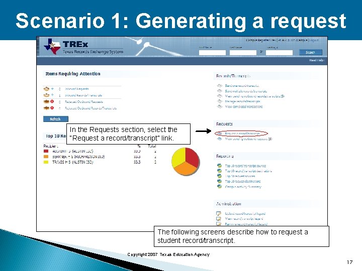 Scenario 1: Generating a request In the Requests section, select the “Request a record/transcript”