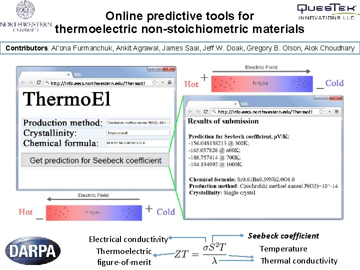 Online predictive tools for thermoelectric non-stoichiometric materials Contributors: Al’ona Furmanchuk, Ankit Agrawal, James Saal,