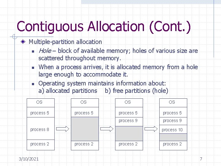Contiguous Allocation (Cont. ) Multiple-partition allocation n Hole – block of available memory; holes