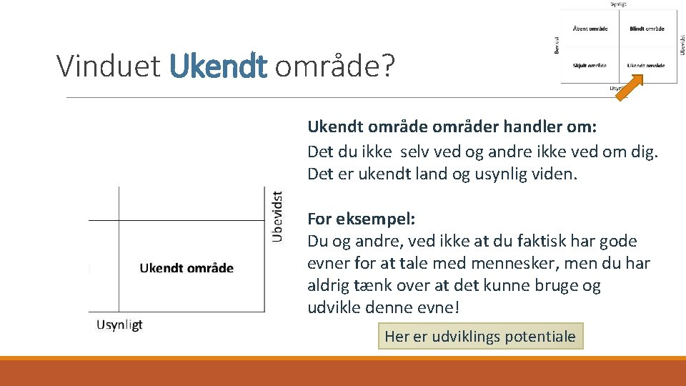 Vinduet Ukendt område? Ukendt områder handler om: Det du ikke selv ved og andre