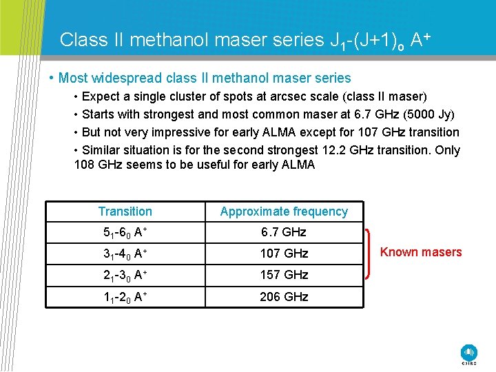 Class II methanol maser series J 1 -(J+1)o A+ • Most widespread class II