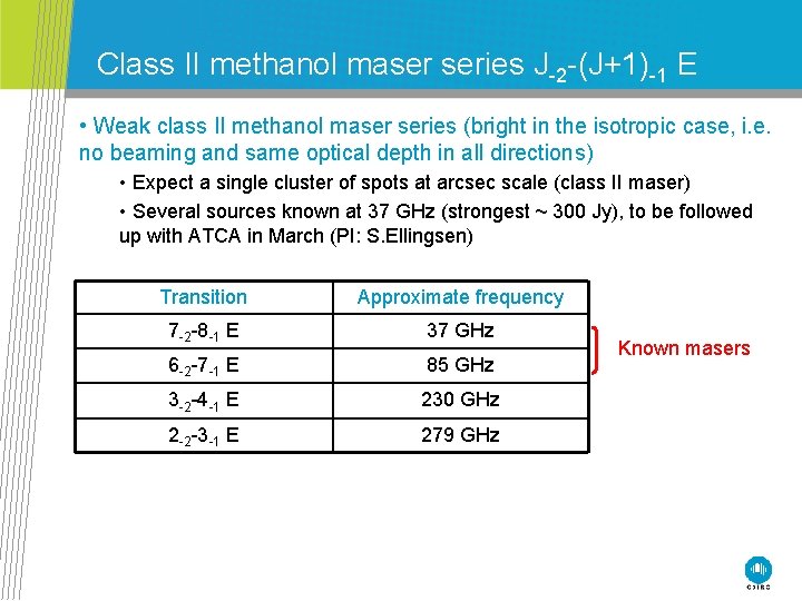 Class II methanol maser series J-2 -(J+1)-1 E • Weak class II methanol maser
