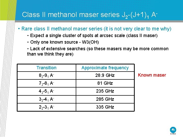 Class II methanol maser series J 2 -(J+1)1 A • Rare class II methanol