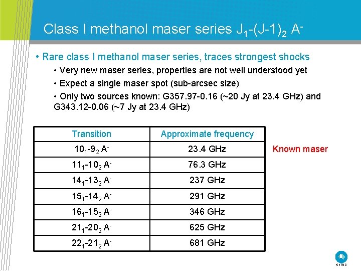 Class I methanol maser series J 1 -(J-1)2 A • Rare class I methanol
