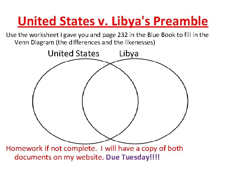 United States v. Libya's Preamble Use the worksheet I gave you and page 232