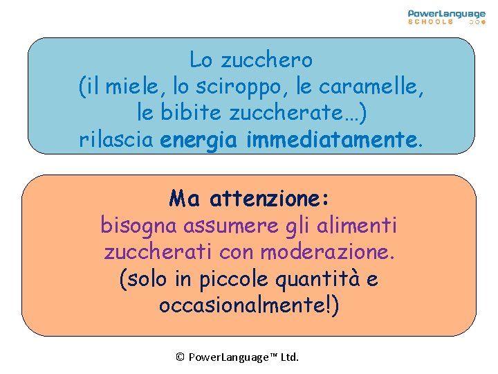 Lo zucchero (il miele, lo sciroppo, le caramelle, le bibite zuccherate…) rilascia energia immediatamente. Lo zucchero (il miele, lo sciroppo, le caramelle, le bibite zuccherate…) rilascia energia immediatamente.