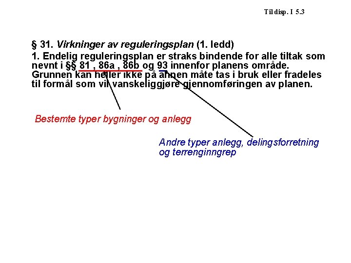 Til disp. I 5. 3 § 31. Virkninger av reguleringsplan (1. ledd) 1. Endelig