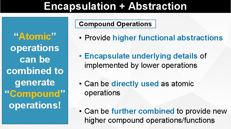 Encapsulation + Abstraction Compound Operations “Atomic” operations can be combined to generate “Compound” operations!