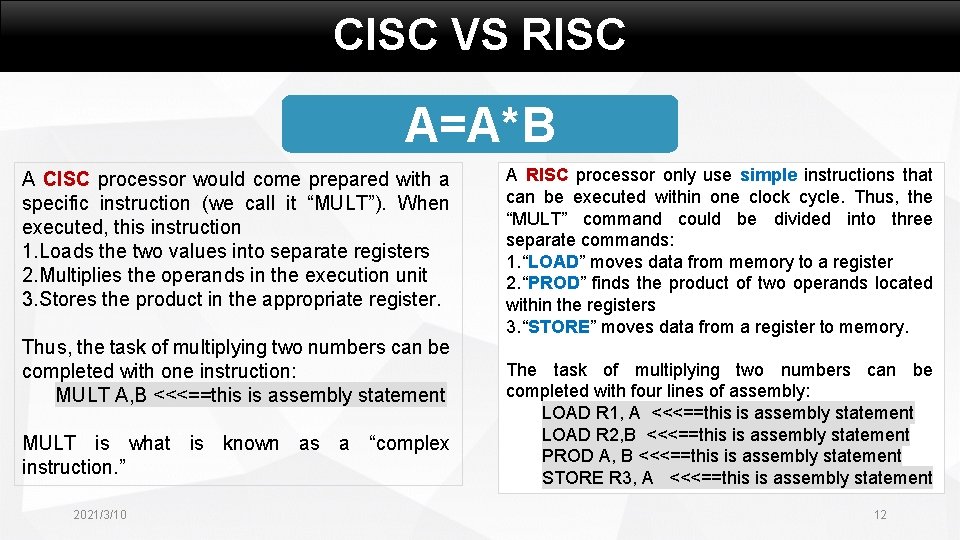 CISC VS RISC A=A*B A CISC processor would come prepared with a specific instruction