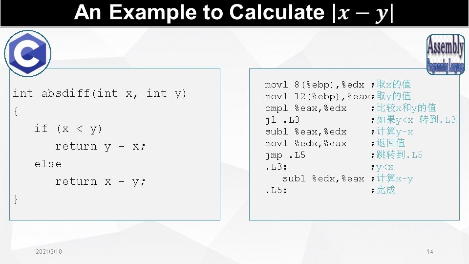  int absdiff(int x, int y) { if (x < y) return y -