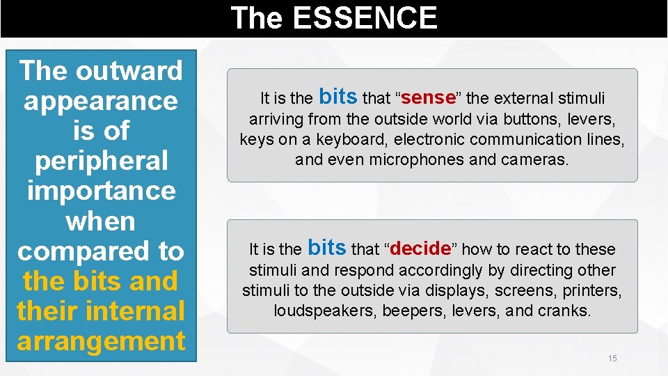 The ESSENCE The outward appearance is of peripheral importance when compared to the bits