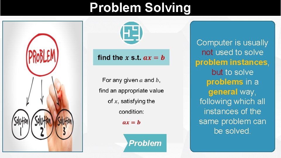 Problem Solving Computer is usually not used to solve problem instances, but to solve