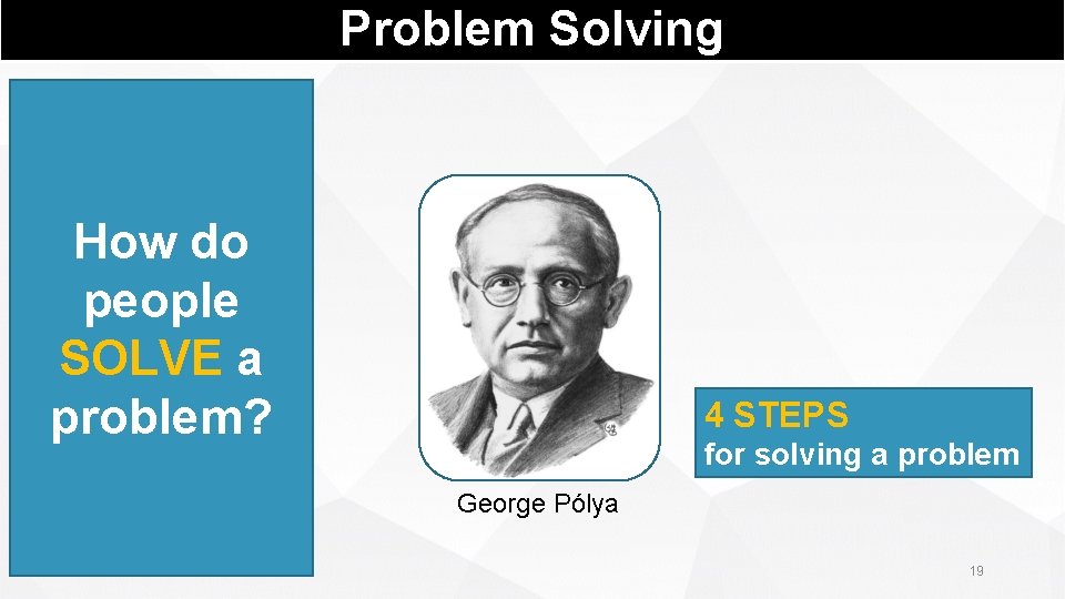 Problem Solving How do people SOLVE a problem? 4 STEPS for solving a problem
