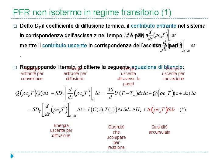 PFR non isotermo in regime transitorio (1) � Detto DT il coefficiente di diffusione