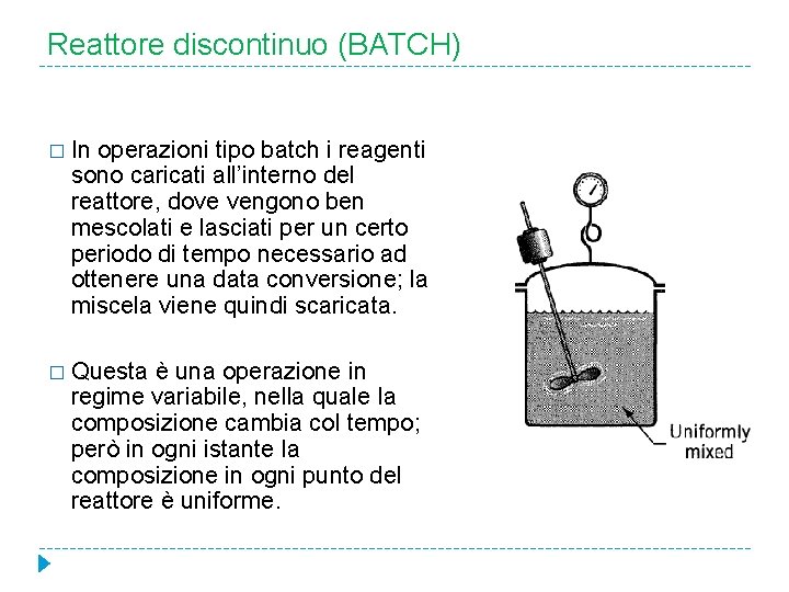 Reattore discontinuo (BATCH) � In operazioni tipo batch i reagenti sono caricati all’interno del