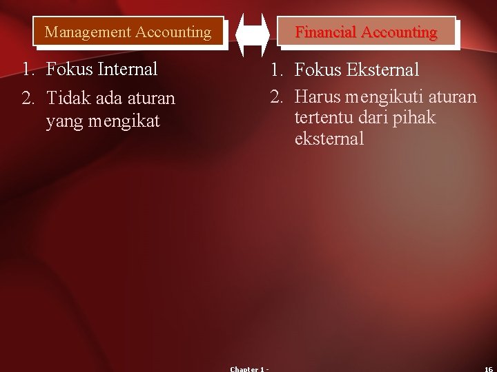 Management Accounting 1. Fokus Internal 2. Tidak ada aturan yang mengikat Financial Accounting 1.